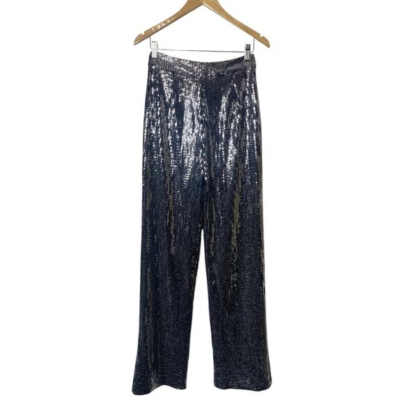 JLUXLABEL Silver Metallic Sequins Front Pleated Trousers Pants Wide-Leg Lined - Picture 6 of 11